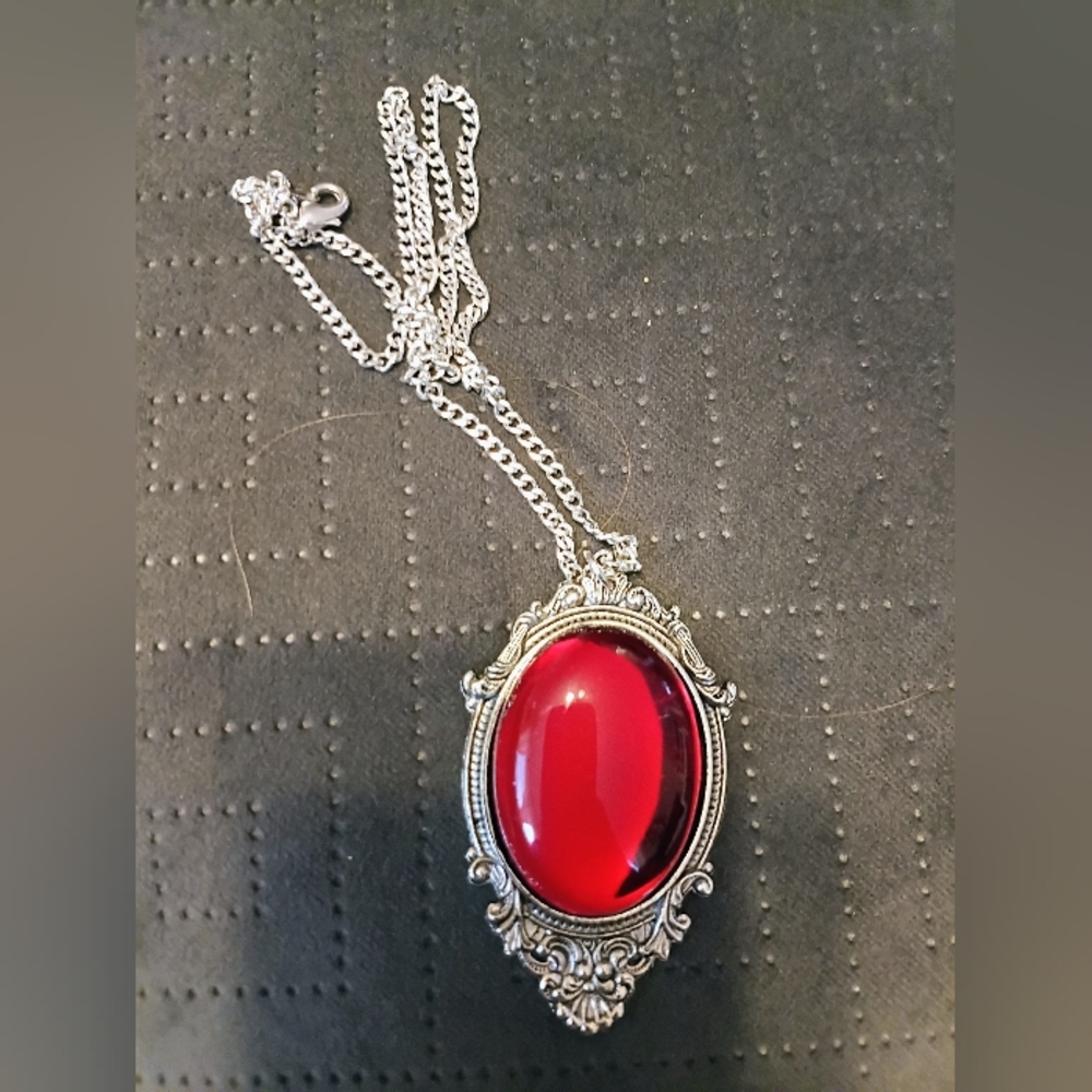 Gothic Red Statement Pendant Necklace Silver Tone Vintage Style